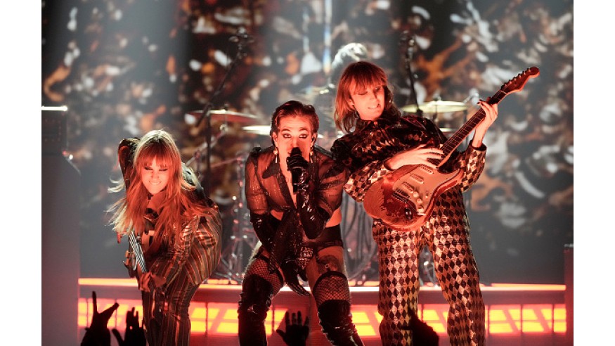BUDAPEST, HUNGARY - NOVEMBER 14: Victoria De Angelis, Damiano David, Thomas Raggi and Ethan Torchio of Maneskin perform at the MTV EMAs 2021 'Music for ALL' at the Papp Laszlo Budapest Sports Arena on November 14, 2021 in Budapest, Hungary. (Photo by