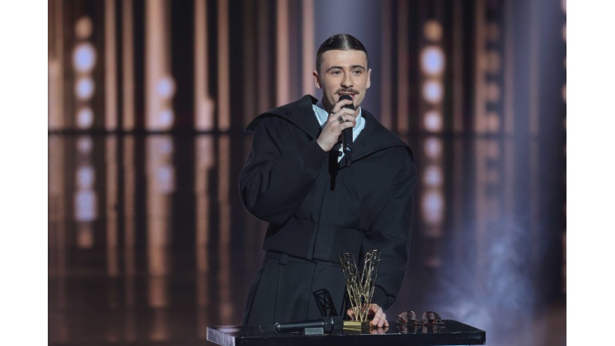 BOULOGNE-BILLANCOURT, FRANCE - FEBRUARY 14: Pierre Garnier celebrates after receiving the male revelation award during the 40th "Les Victoires De La Musique" Award Ceremony at La Seine Musicale on February 14, 2025 in Boulogne-Billancourt, France. (P